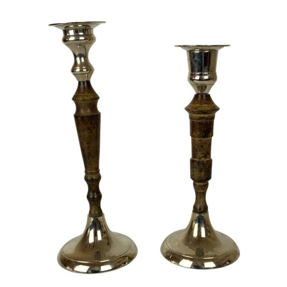 Vintage Chrome Cast Metal Taper Candleticks Holders Pair Silver Brown Home Decor - Picture 1 of 8